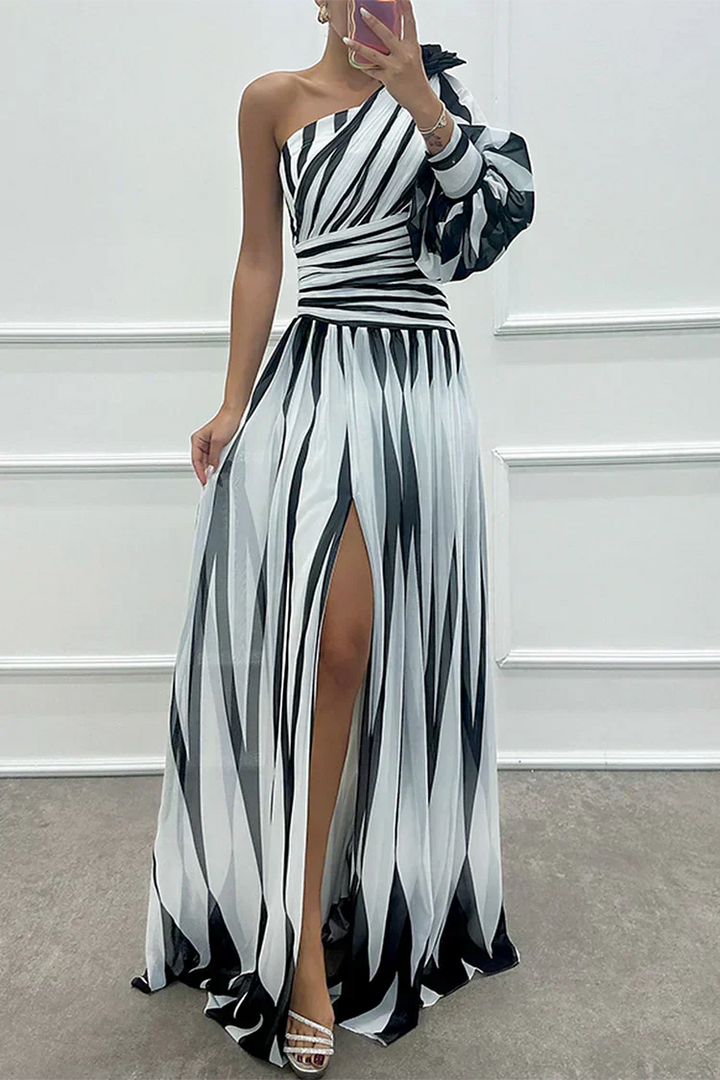 Vestido Séraphine Largo Elegante a Rayas de Una Sola Manga