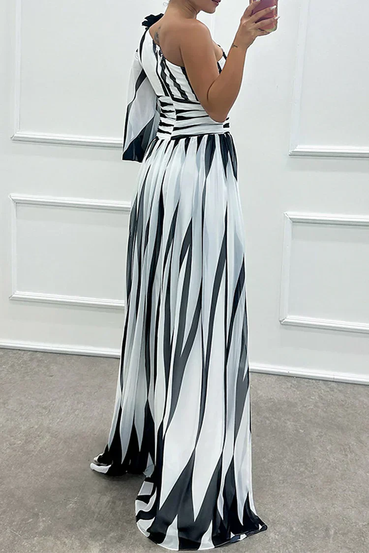 Vestido Séraphine Largo Elegante a Rayas de Una Sola Manga