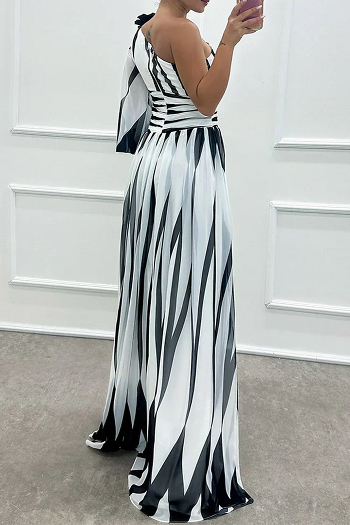 Vestido Séraphine Largo Elegante a Rayas de Una Sola Manga