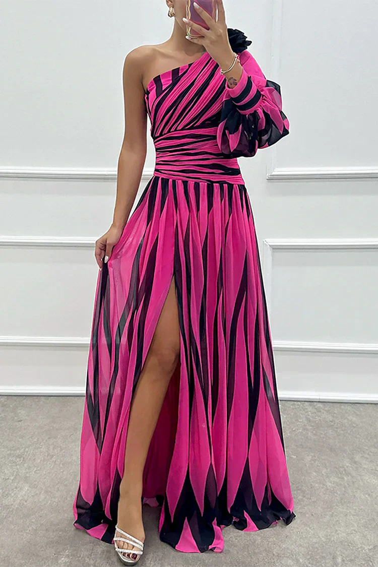 Vestido Séraphine Largo Elegante a Rayas de Una Sola Manga
