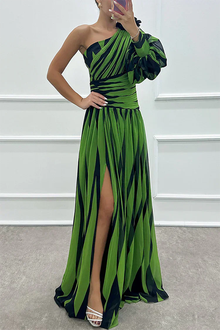 Vestido Séraphine Largo Elegante a Rayas de Una Sola Manga