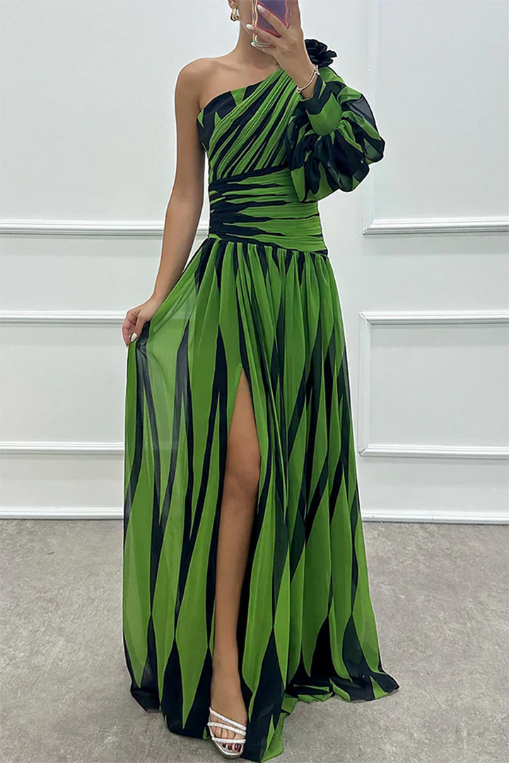 Vestido Séraphine Largo Elegante a Rayas de Una Sola Manga
