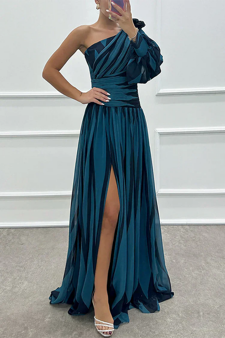 Vestido Séraphine Largo Elegante a Rayas de Una Sola Manga