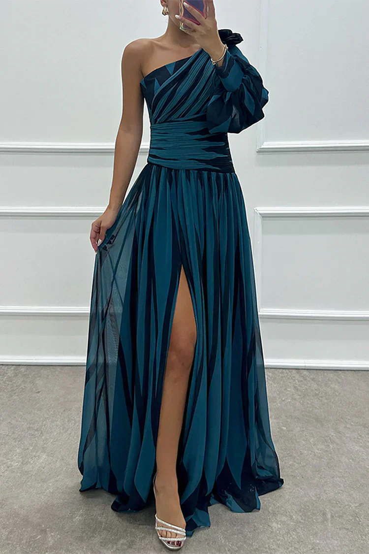 Vestido Séraphine Largo Elegante a Rayas de Una Sola Manga