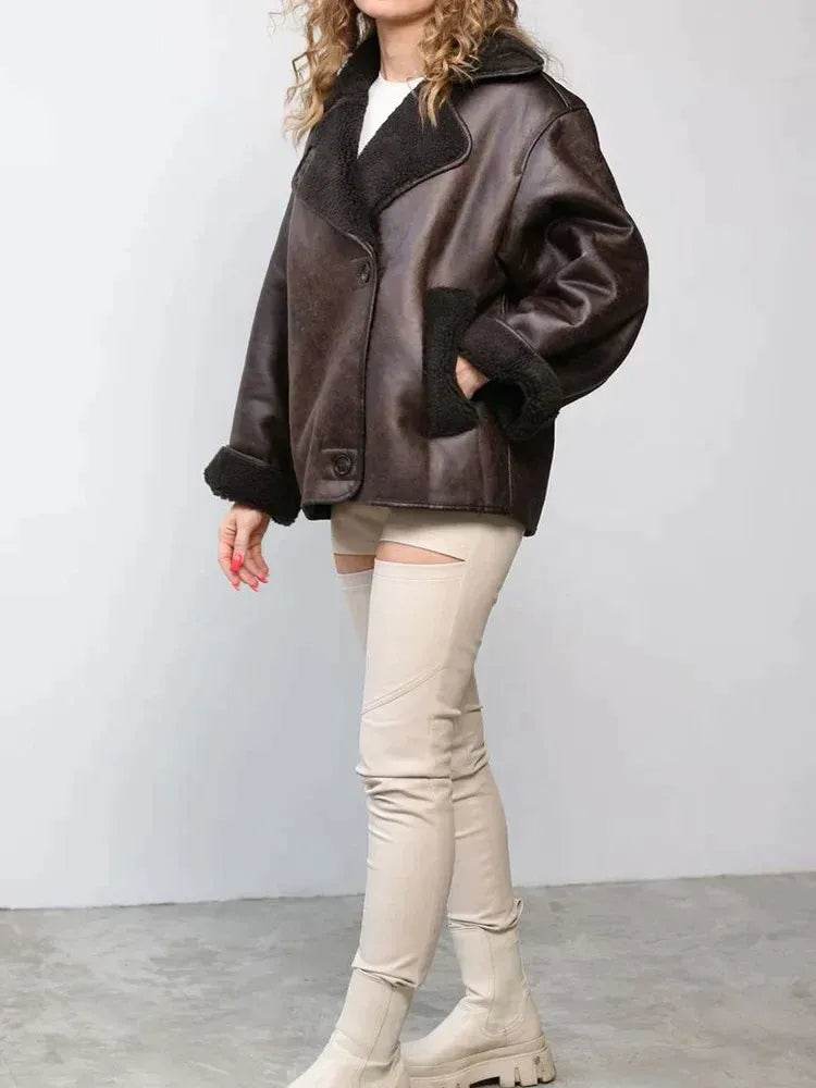 Sylvia - Chaqueta de mujer de cuero con forro de borrego